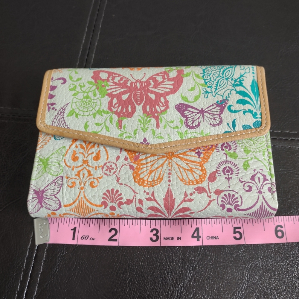 Fossil Genuine Leather Butterfly Floral Print Trifold Wallet - Picture 4 of 11